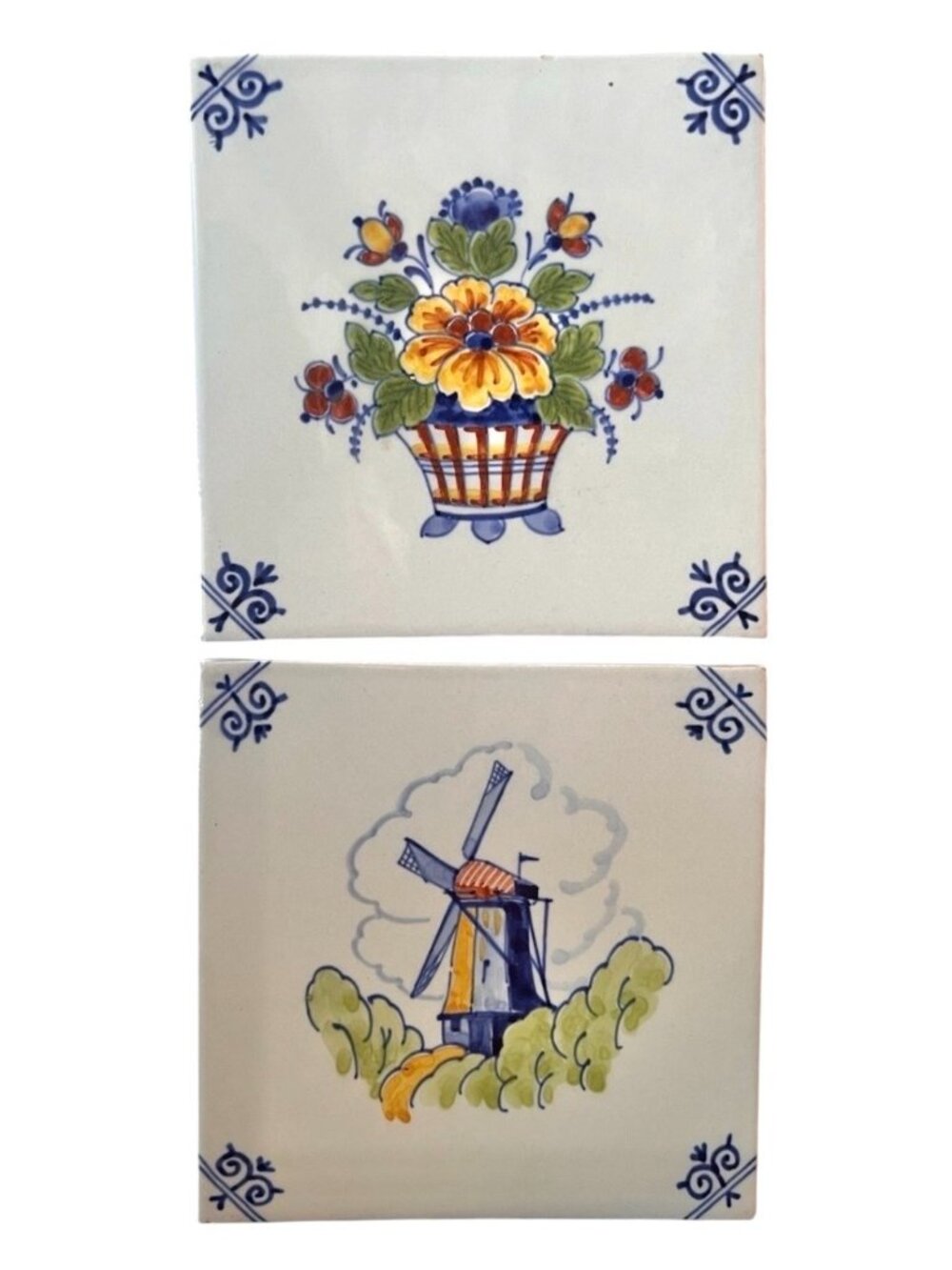 Delft Hand-Painted Ceramic Tiles Set Of 2 Floral Basket Windmill Designs 5 1/8"